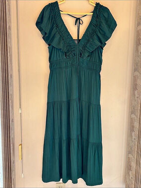 Anthropologie By Anthropologie Tie-Back Ruffle-Hem Midi Dress Green Large